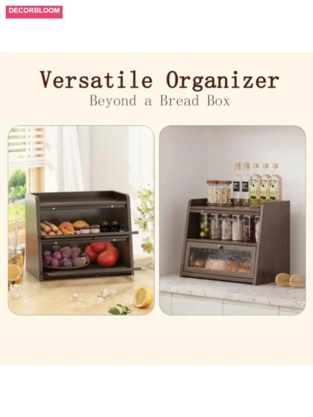 Large Bamboo Bread Box Acrylic Wavy Door Kitchen Countertop Storage